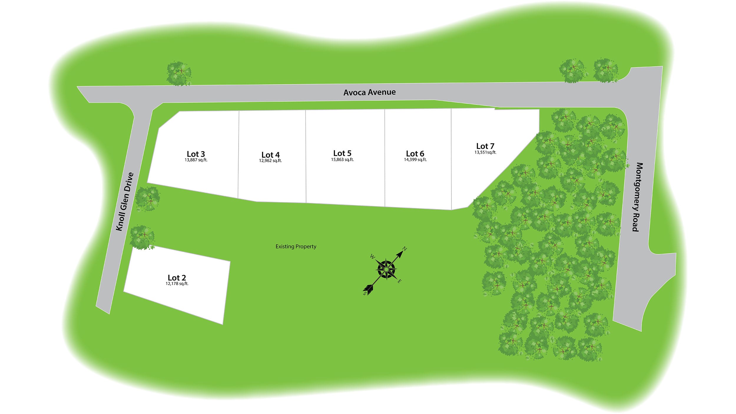 Map showing seven rectangular lots, an existing property, roads, and a wooded area on the right.